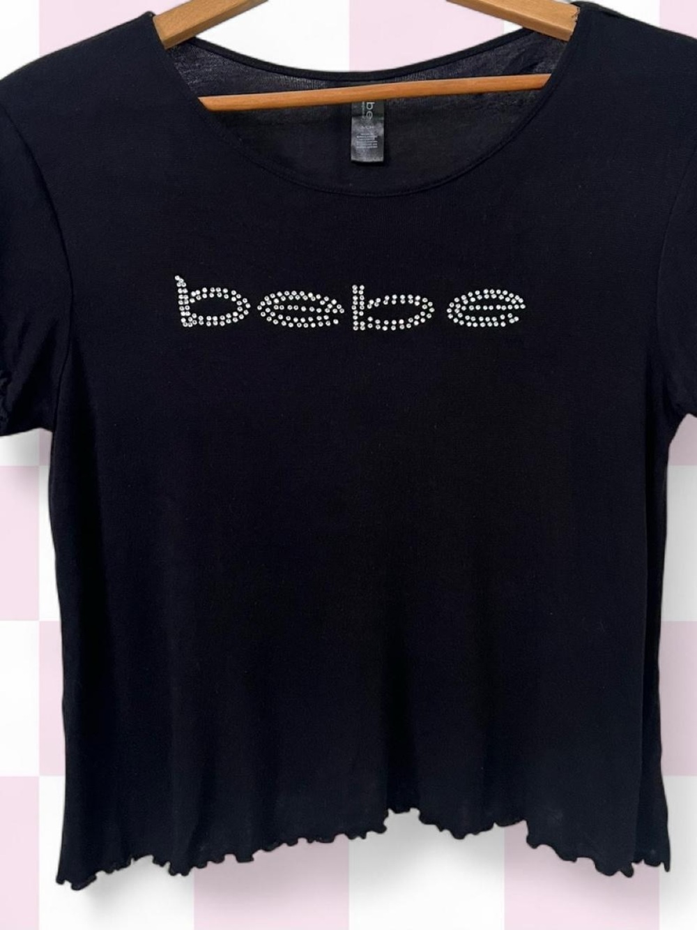 bebe Y2K Black Rhinestone Logo Tee, Small
